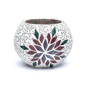 A white and green flower shaped candle holder on a white Мозаечен стъклен свещник Листо surface.
