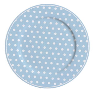Порцеланова десертна чиния Polka dot в пастелно синьо 19 cm в синьо-бяло полка точки на бял фон.