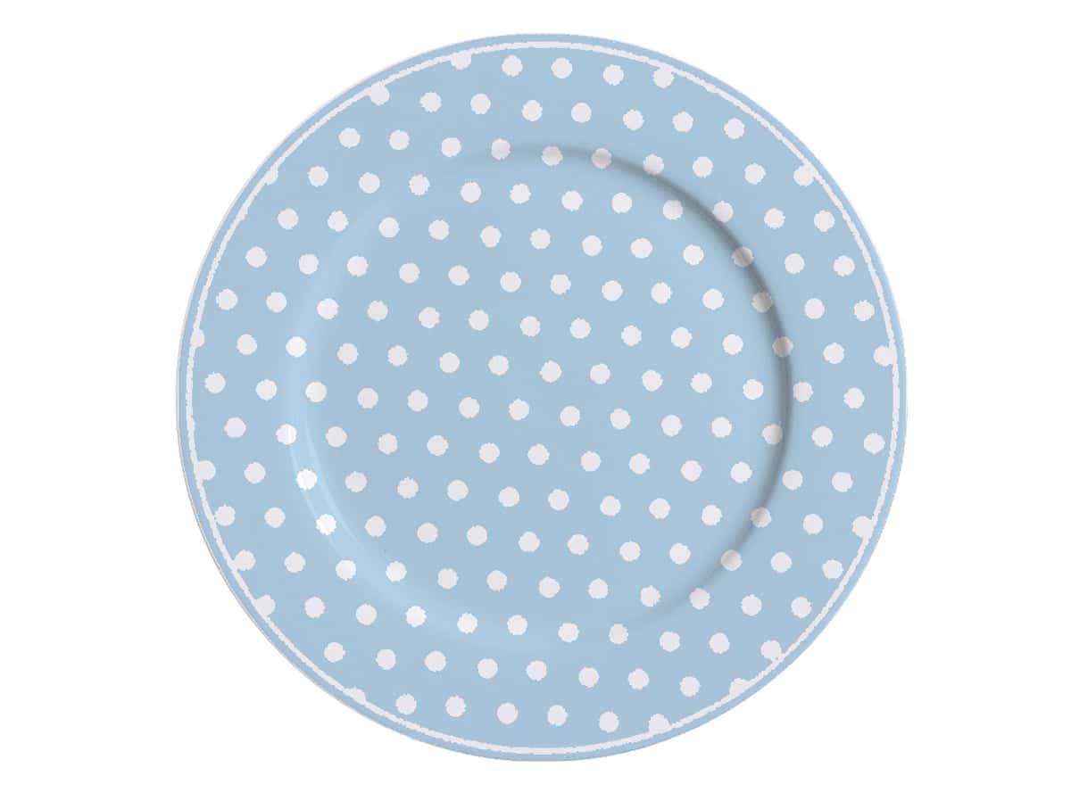 Порцеланова десертна чиния Polka dot в пастелно синьо 19 cm в синьо-бяло полка точки на бял фон.