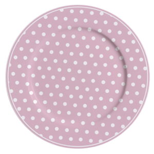Порцеланова десертна чиния Polka dot pastel pink 19 cm с розови и бели точки на бял фон.