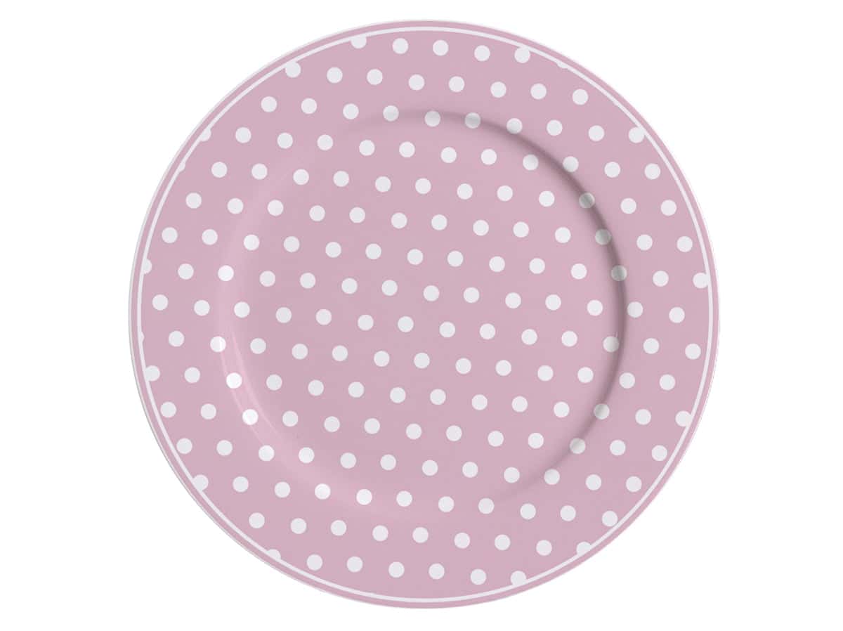 Порцеланова десертна чиния Polka dot pastel pink 19 cm с розови и бели точки на бял фон.
