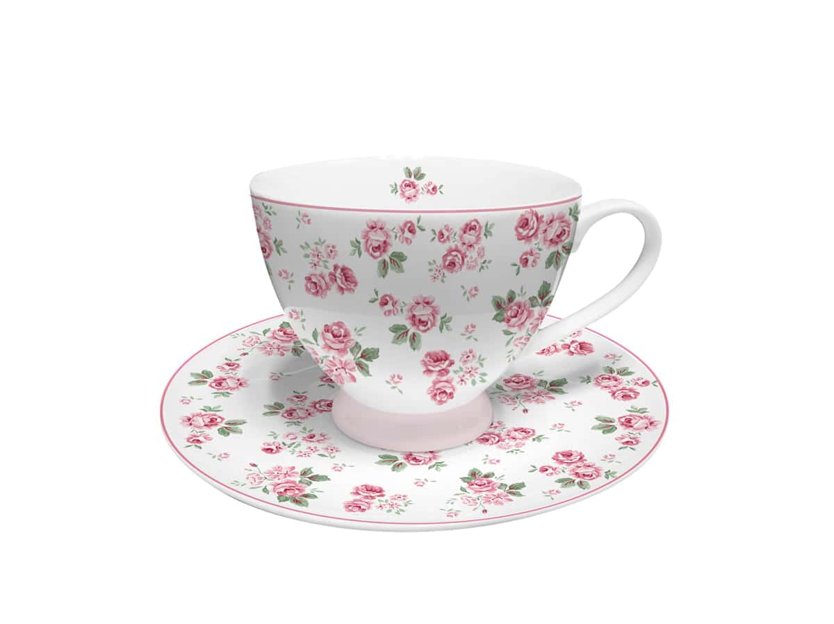 Порцеланова чаша с чинийка Луси с рози върху нея, принадлежащи на Луси.