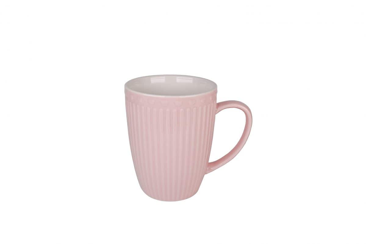 Порцеланова чаша LOVE в пастелно розов цвят 325 ml с лъжичка с дръжка на бял фон.