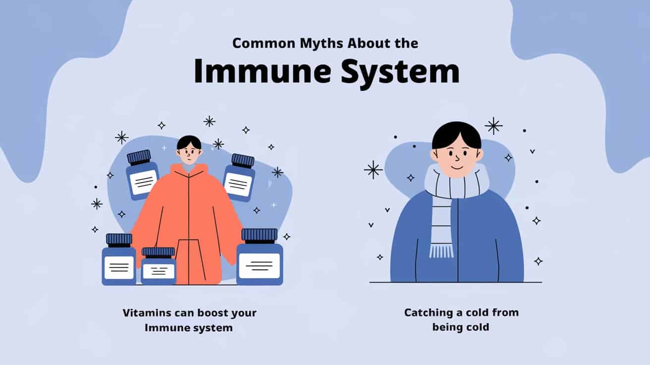 Илюстрация, изобразяваща популярни митове за имунната система: витамини, повишаващи имунитета и настинка от студ. Тези митове за имунитета подчертават често срещаните погрешни схващания за това как телата ни се борят с болестите.