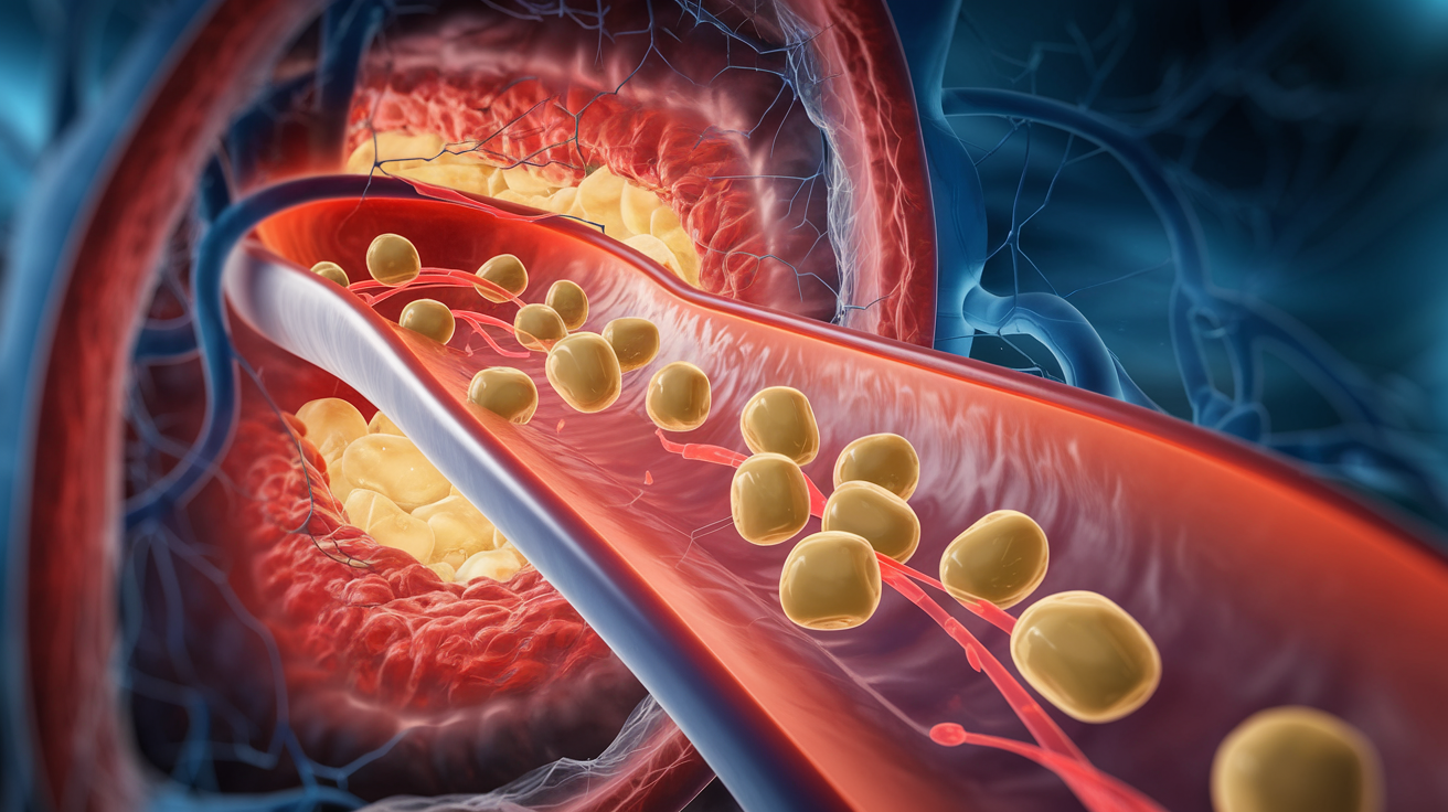 Илюстрация на частично запушена артерия, показваща червени кръвни клетки и жълти мастни отлагания или триглицериди, стесняващи артериалния проход.
