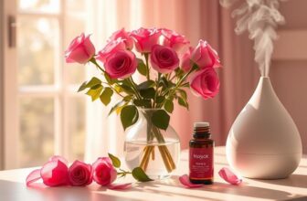 Ваза с розови рози, бутилка розово масло и дифузер, изпускащ пара, са подредени на слънчева маса до голям прозорец, подчертавайки предимствата на ароматерапията.