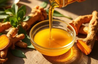 Маслото от куркума, известно със своите лечебни свойства, се изсипва в малка стъклена купа, заобиколена от пресни корени от куркума и зелени листа.