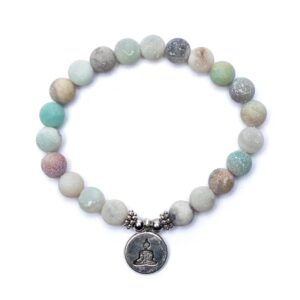 A Grivna Mala с 21 мъниста от амазонит и висулка на Буда, еластична, featuring serene amazonite and other differently coloured semi-precious stones.