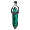 Кристална висулка, изработена от синтетичен камък малахит, с дизайн на зелено и черно райе, със сребърна капачка и халка за верижка, във формата на заострена призма.