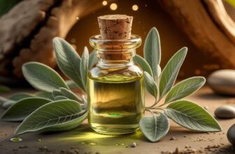 Малка запушена бутилка масло от градински чай, заобиколена от свежи листа, поставена върху текстурирана повърхност с кафяви камъчета на заден план, подчертаващи ползи на това ароматно масло.